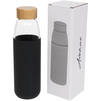 Szklany bidon z drewnianym wieczkiem Kai 540 ml, czarny